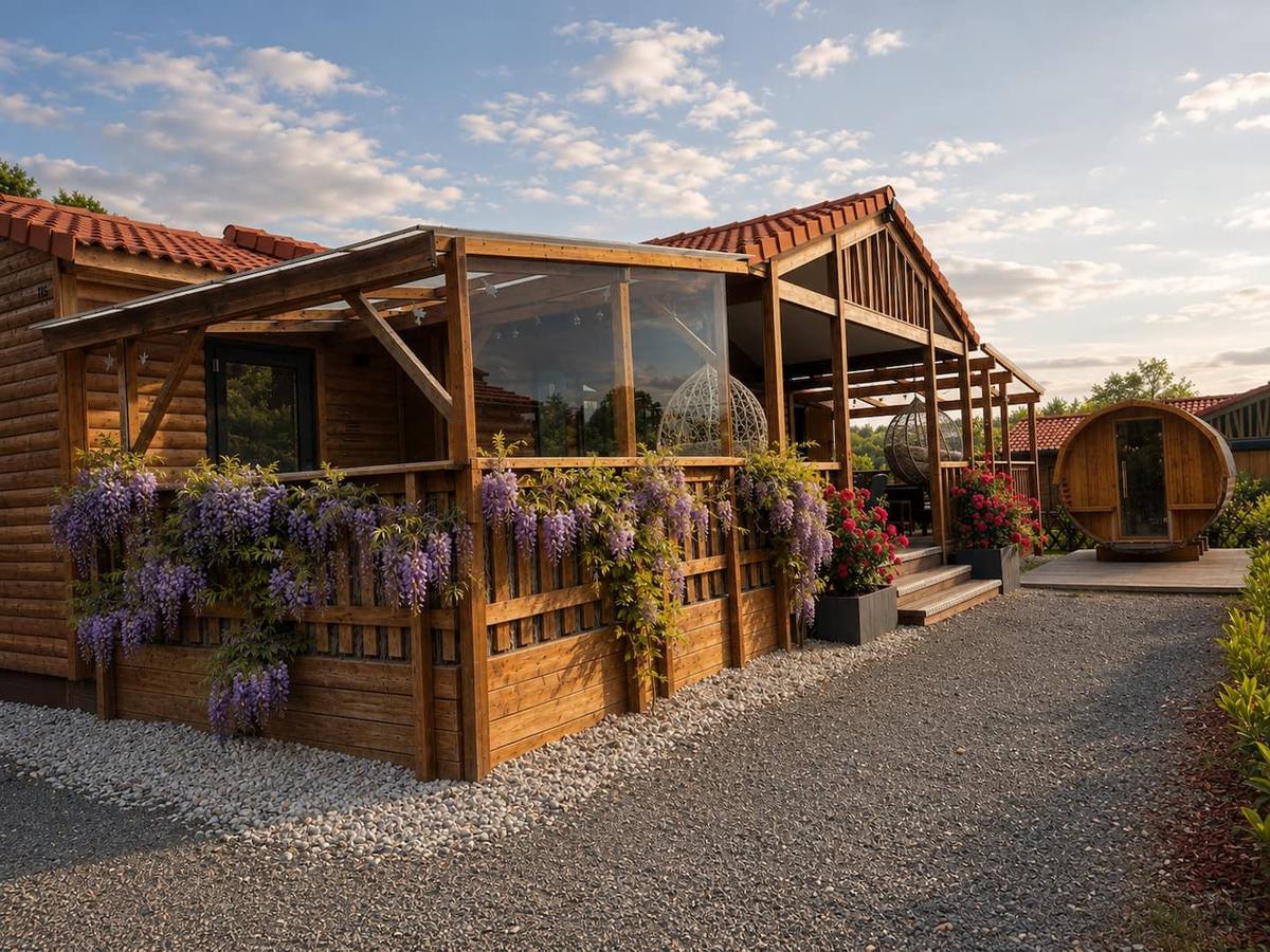 Le chalet en bois avec sa terrasse vitrée