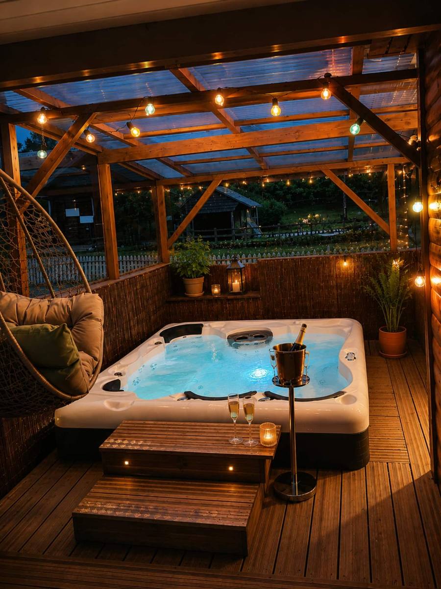 Spa chauffé privatif du chalet illuminé le soir